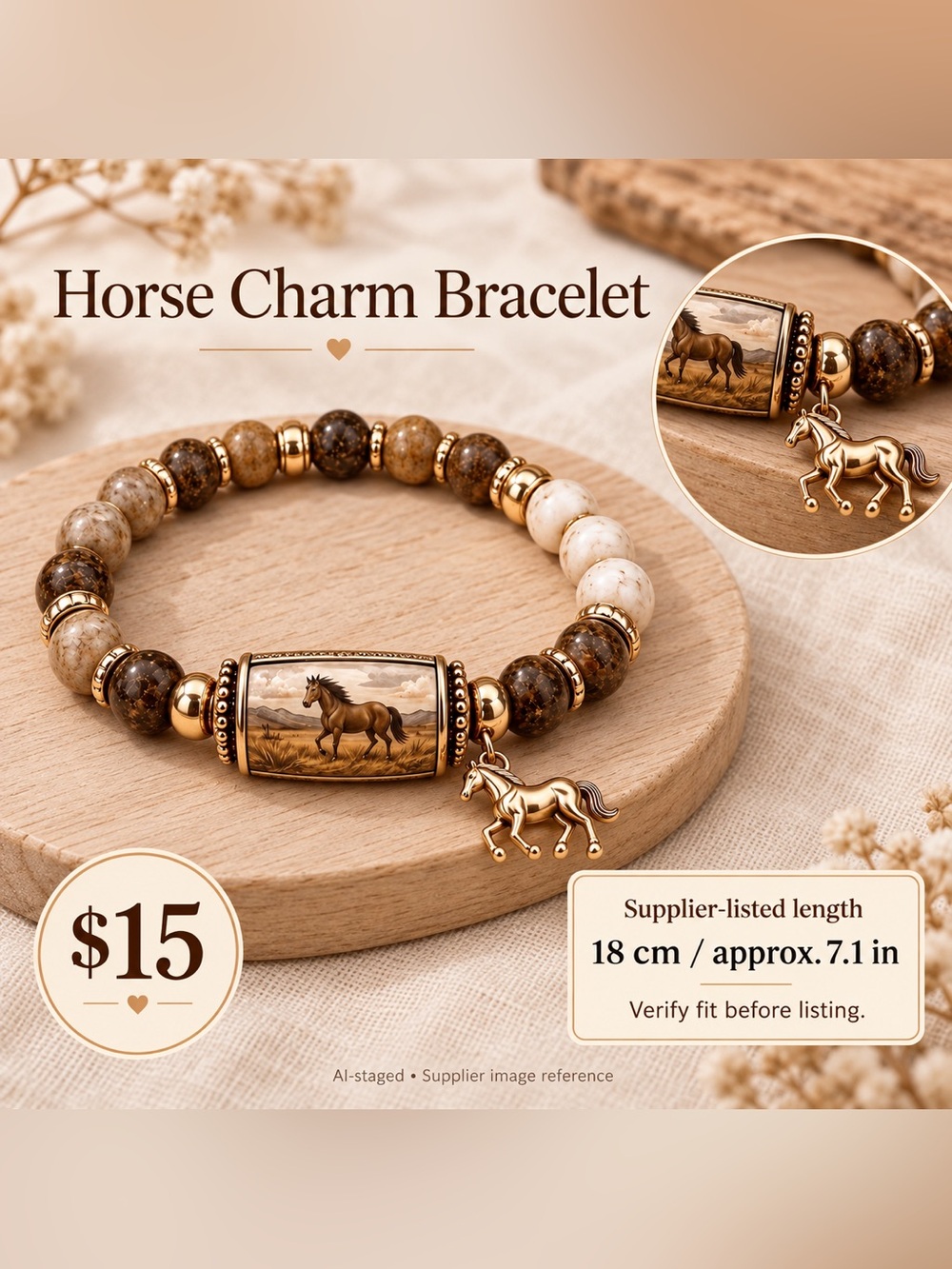 Horse Charm Bracelet in Brown & Gold NWT